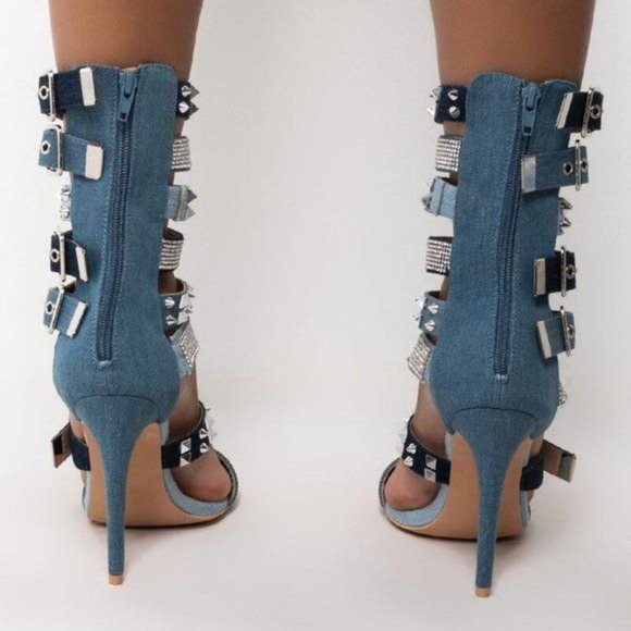 Callie Spiked & Studded: Denim Gladiator Stiletto Sandal 7.5 - Picture 4 of 5